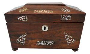 Antique English Rosewood and Mother of Pearl Inlay with Bun Feet and Sarcophagus Form