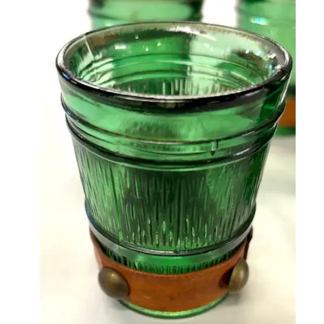 Mid-Century Modern Mid Century Green Glass Bar, Cocktail Glasses With Leather and Nail Head Details For Sale - Image 3 of 5