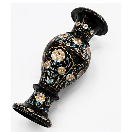 Indian Pietra Dura Floral Art Home Decor | Black Marble Inlay Flower Vase Set 15" Inches For Sale - Image 3 of 5
