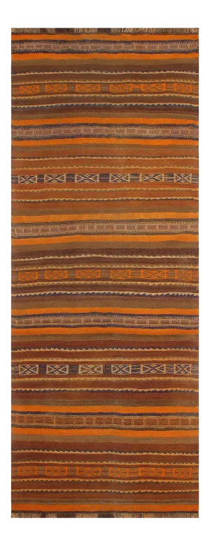 1950s Vintage Turkish Vintage Kilim Orange Brown Hand-Woven Area Rug 3'10" X 9'3"
