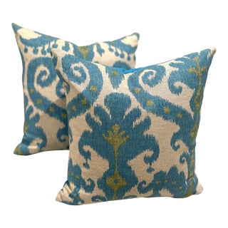Custom Turquoise + Chartreuse Ikat Pillows - a Pair For Sale