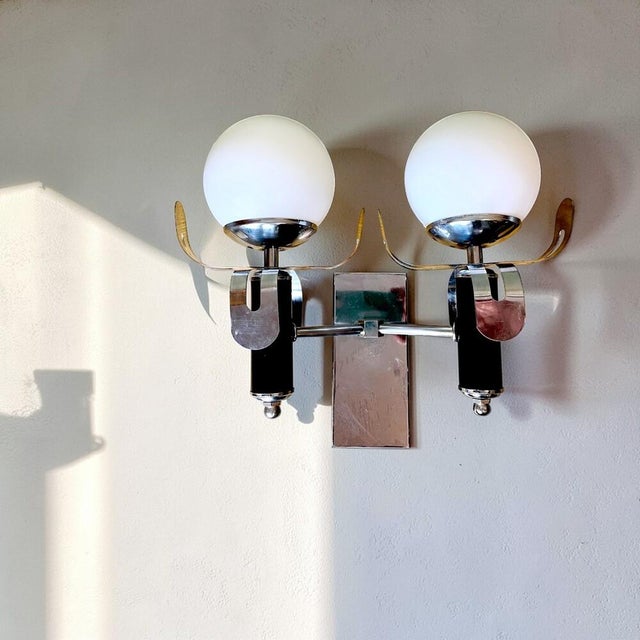 Portuguese Brutalist Double Wall Sconces with Opaline Glass Lampshades, 1980s, Set of 2 For Sale - Image 6 of 12