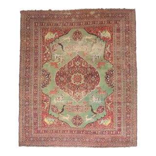 Green Hunting Animal Doroksh Persian Distressed Rug , 10'2'' X 12'10'' For Sale