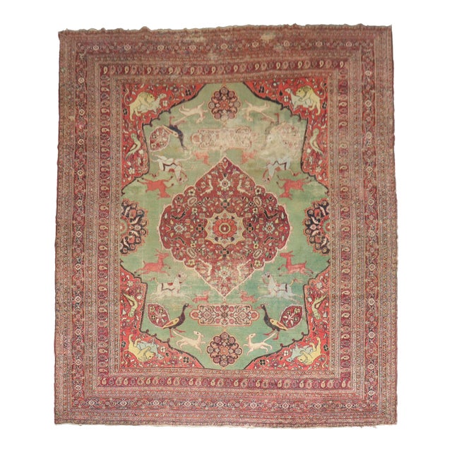 Green Hunting Animal Doroksh Persian Distressed Rug , 10'2'' X 12'10'' For Sale