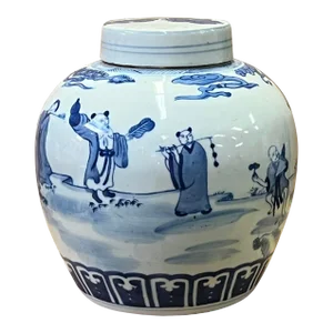 Chinese Hand-Paint 8 Immortal Blue White Porcelain Ginger Jar