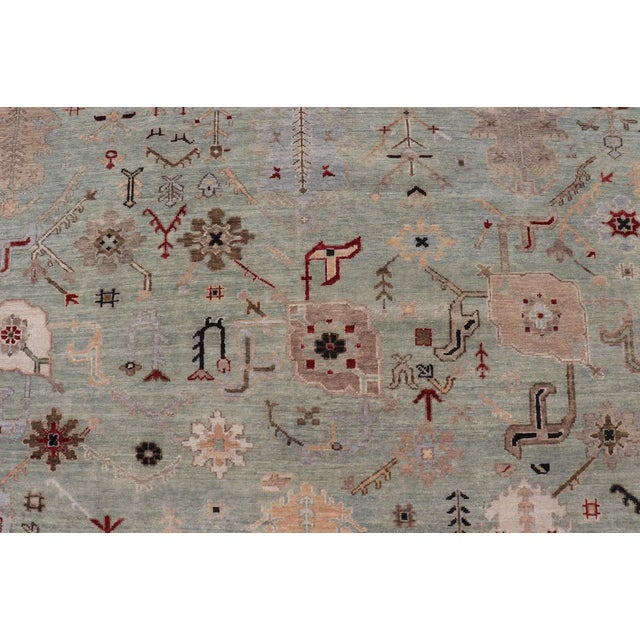 Hand-Knotted Wool Oushak Rug in Turquoise Green and Multi Colors 10' X 13'6 For Sale - Image 9 of 12
