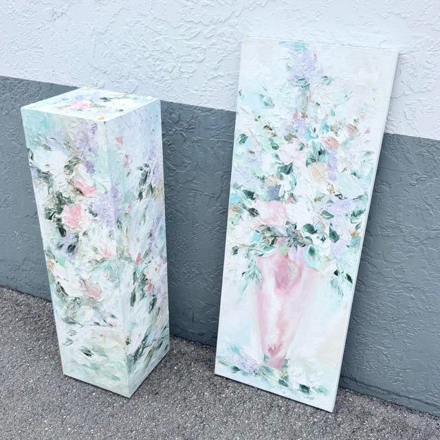 Vintage Textured Floral Painted Pedestal and Painting - 2 Pieces For Sale - Image 9 of 9