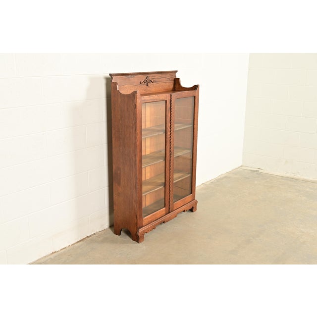 Herter Brothers Antique Victorian Two-Door Carved Oak Bookcase Cabinet, Circa 1900 For Sale - Image 4 of 13