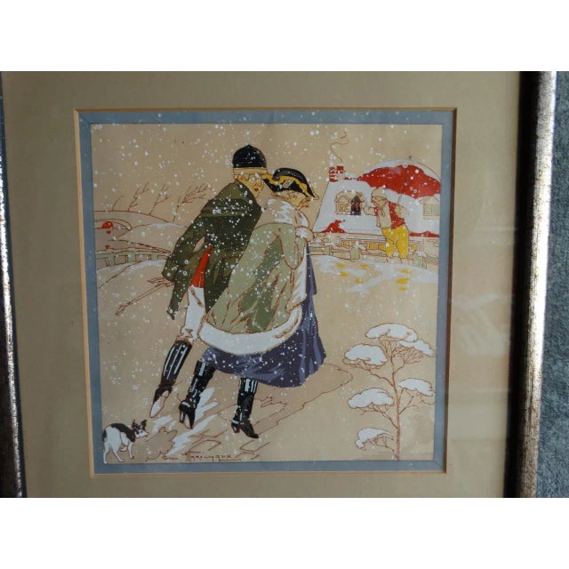Art Deco 1920s Print, Huntsman and His Huntswoman Seeking Shelter in a Snowstorm: Romantic Pochoir For Sale - Image 3 of 6
