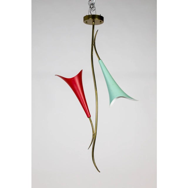 Mid Century 2-Light Pendant With Mint & Red Trumpet Flower Shades & Curved Stem For Sale - Image 13 of 13