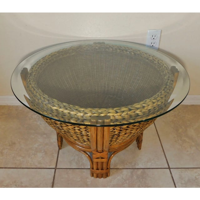 2010s Round Natural Rattan Ornate Wicker & Banana Leaf Basket Beveled Glass Top Coffee Table For Sale - Image 5 of 11
