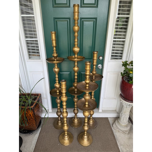 Brass Vintage 1960s Moroccan Etched Brass Pillar Altar Floor Candle Stands = 5 Altars (35 Pieces) For Sale - Image 8 of 15