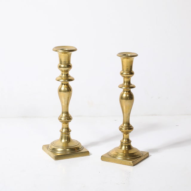 Near Pair Neoclassical Balustrade Form Brass Candleholders With Square Bases For Sale - Image 4 of 11