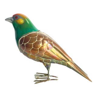 Mario Gonzalez Bird Sculpture Brass & Ceramic Statue Mixed Media Art Hand Painted Artist Signed For Sale