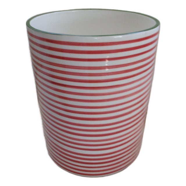 Vintage Portugal Viva by Vietri Ceramic Red Striped Wastebasket For Sale