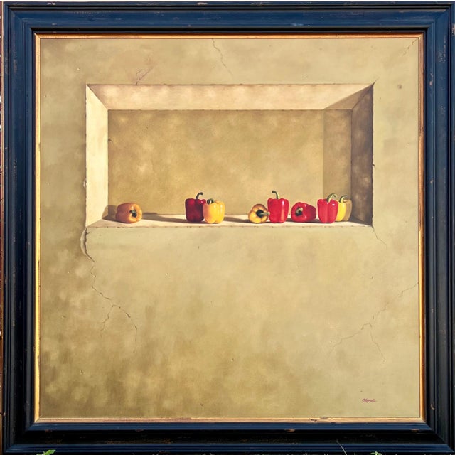 Brown Rene Chavelle, Large Trompe L'oeil Oil Painting Rene Chavelle Belgian Photo Realist Peppers, c.1980's For Sale - Image 8 of 15