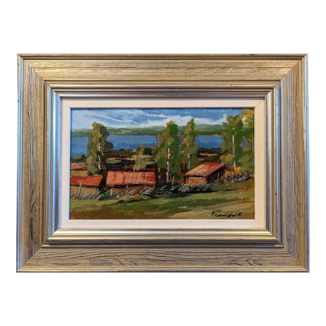 Mid-Century Modern Swedish "Red Houses in Nature" Vintage Expressive Landscape Oil Painting, Framed For Sale