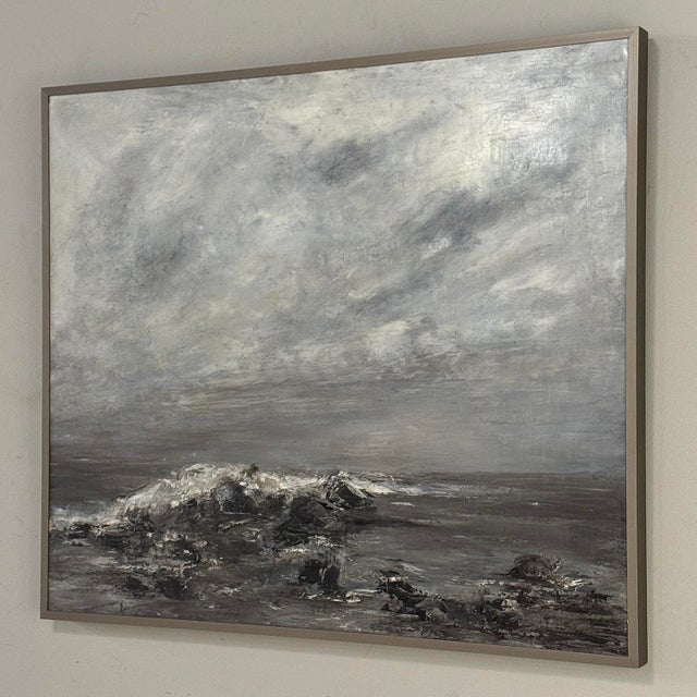 Mid Century Oil on Canvas by Francine Kerckx (1921-?) 'Stormy Seascape With Rocky Coast' For Sale - Image 4 of 17