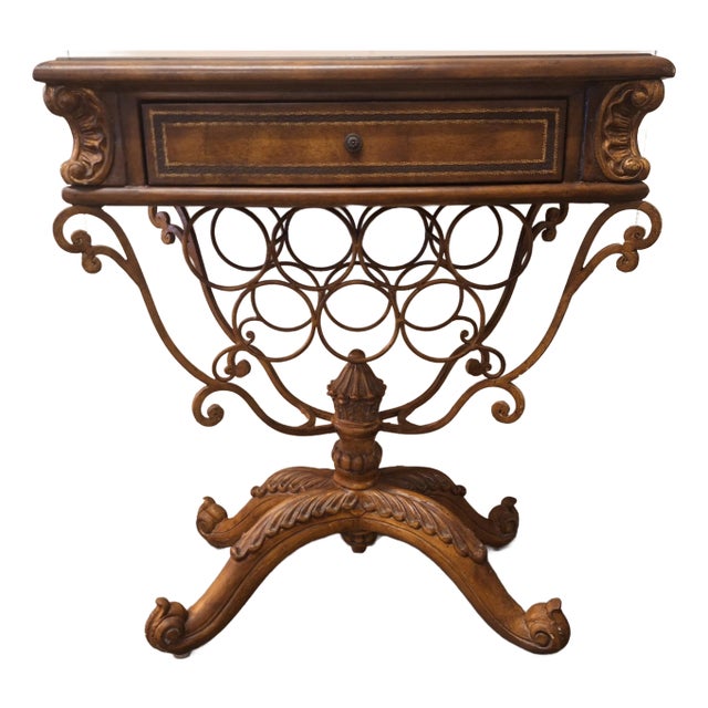 1990s Maitland -Smith Single Drawer Wine Testing Table With Iron Wine Rack For Sale