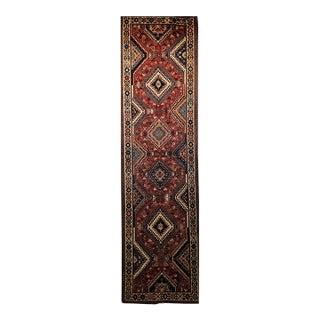 Vintage Persian Shiraz Tribal Runner Rug, Hand-Knotted Wool, Geometric Medallion Pattern, Red & Blue, 3x10 For Sale