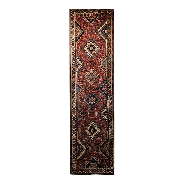 Vintage Persian Shiraz Tribal Runner Rug, Hand-Knotted Wool, Geometric Medallion Pattern, Red & Blue, 3x10 For Sale