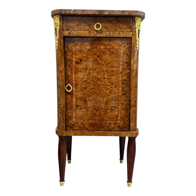 Antique French Empire Cabinet in Burl Walnut with Pink Marble Top and Gilt Bronze Decoration, France, 1900s For Sale