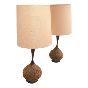 Pair Of Large Scale Mid Century Cork and Wood Table Lamps With Original Shades 1950/70's