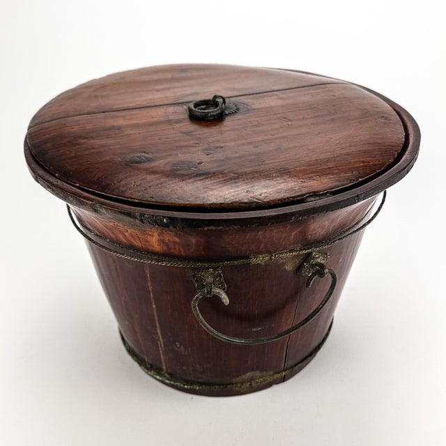 Beautiful patina on this super cool wood, rare Chinese village-style rice bucket. It shows some age but is sturdy. The lid...