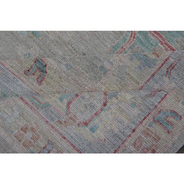 Modern Oushak Floral Motif Design in Light Green Background and Colorful Design For Sale - Image 11 of 12