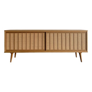 White Oak and Cane Credenza Angled Legs For Sale
