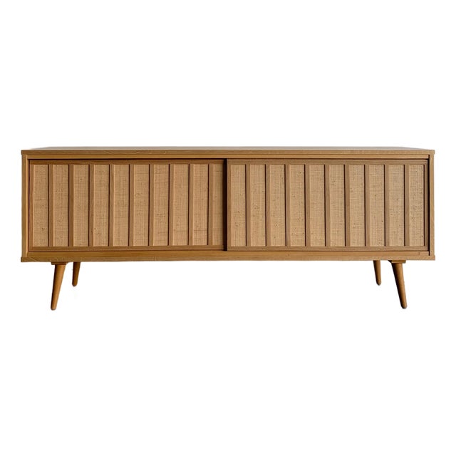 White Oak and Cane Credenza Angled Legs For Sale