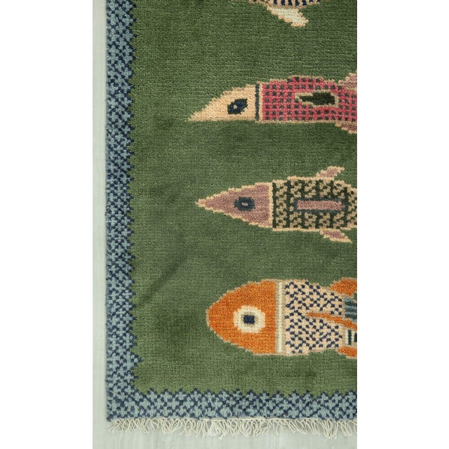Koi Fish Olive Green Hand Knotted Runner Rug 2.6x8Ft. For Sale - Image 4 of 18