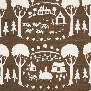 Sample - Schumacher Farm Scene Fabric in Brown For Sale