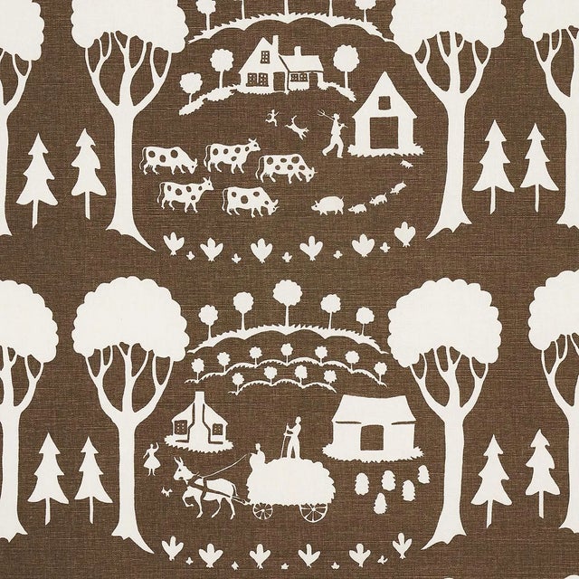 Sample - Schumacher Farm Scene Fabric in Brown For Sale