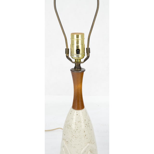 Pair Mid Century Lotus Motive Ceramic Pottery & Turned Walnut Bases Table Lamps For Sale - Image 6 of 8
