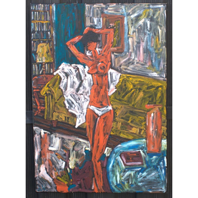 Red Natalia Vypritskaia, Nude by the Mustard-Colored Sofa, Oil on Canvas For Sale - Image 8 of 9