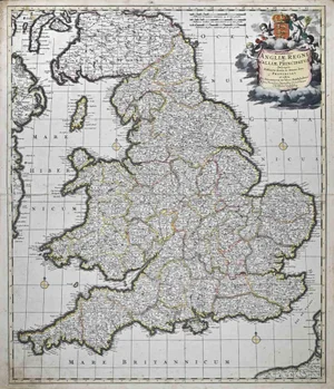 Accuratissima Angliae Regni et Walliae. Map Etching by Frederick de Wit, 1680s