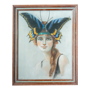 20th Century Art Deco Pastel Painting of a Flapper Lady With Butterfly Headband