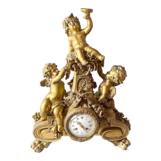 19thC French Louis XVI Gold Ormolu Bronze Mantel Clock For Sale