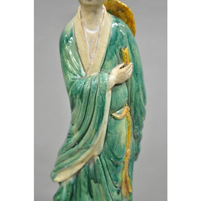 Chinoiserie Late 19th Century Antique Chinese Green Sancai Glazed Pottery 21" Guanyin Sculpture Figure For Sale - Image 3 of 12