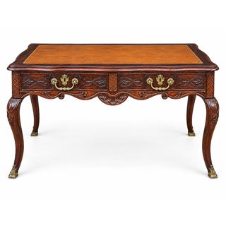 18th-C. French Louis XV Style Carved Oak Tooled Leather & Bronze Writing Desk / Table For Sale