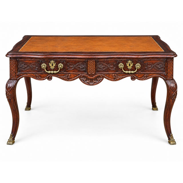 18th-C. French Louis XV Style Carved Oak Tooled Leather & Bronze Writing Desk / Table For Sale