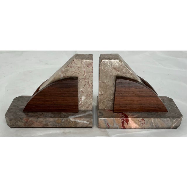 Art Deco Pair of Antique Art Deco French Marble and Rosewood Bookends For Sale - Image 3 of 10