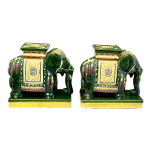 Vintage Pair of Green Ceramic Asian Elephant Statues