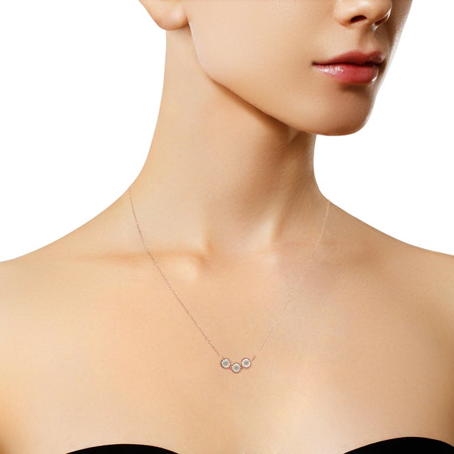 Haus of Brilliance 10K Rose and White Gold Plated .925 Sterling Silver 1/4 Cttw Miracle-Set Champagne Diamond Triple Circle 18" Necklace (I2-I3 Clarity) For Sale - Image 4 of 5