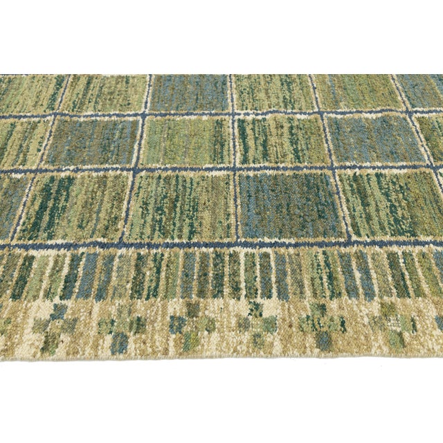 Handmade Flatweave Rug Earthy Sage & Sky Blue Swedish Style Geometric Design For Sale - Image 10 of 10