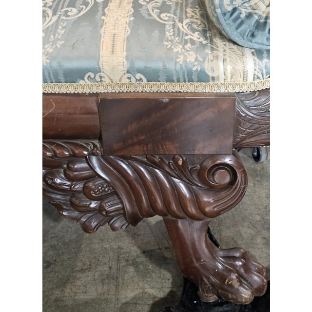 Late 19th Century Antique American Empire Style Carved Mahogany Sofa Paw Feet Wedgewood Fabric For Sale - Image 5 of 12