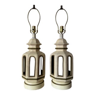 1970s Hollywood Regency Palm Beach Pagoda Style Ceramic Table Lamps – A Pair For Sale