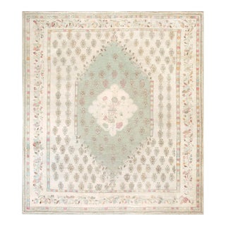 1880s Beige Floral Medallion Antique Turkish Oushak Ghiordes Rug 13' X 14'6" Handknotted Wool Carpet For Sale