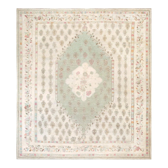 1880s Beige Floral Medallion Antique Turkish Oushak Ghiordes Rug 13' X 14'6" Handknotted Wool Carpet For Sale